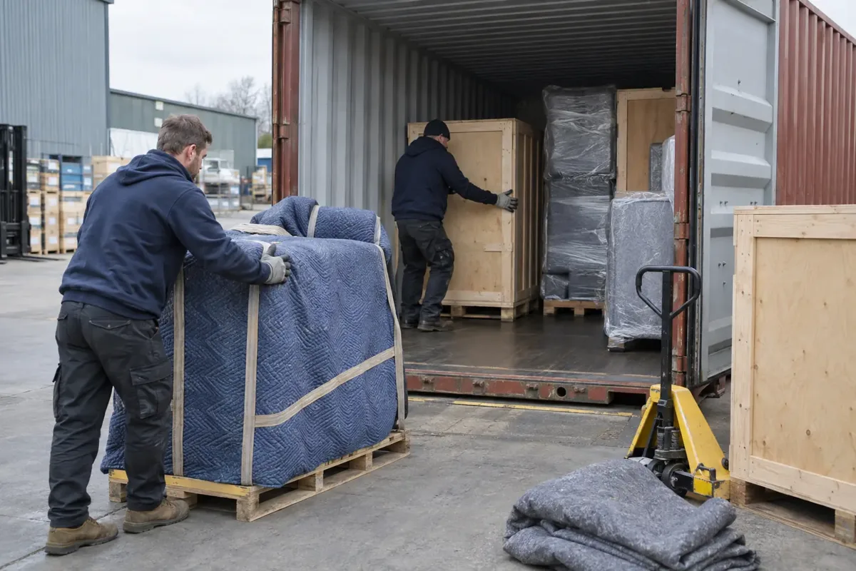 Removal crew loading carefully wrapped household furniture and wooden export shipping crates into a large open corrugated shipping container at a logistics depot; removal blankets, protective packaging and pallet jack clearly visible, gloves and safety boots, no text on crates.