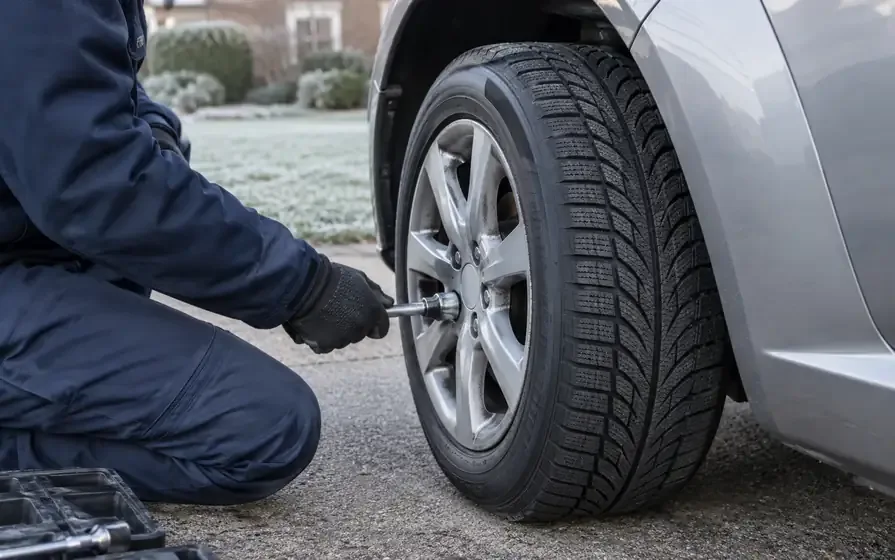Winter tyre with fine tread sipes on a silver car