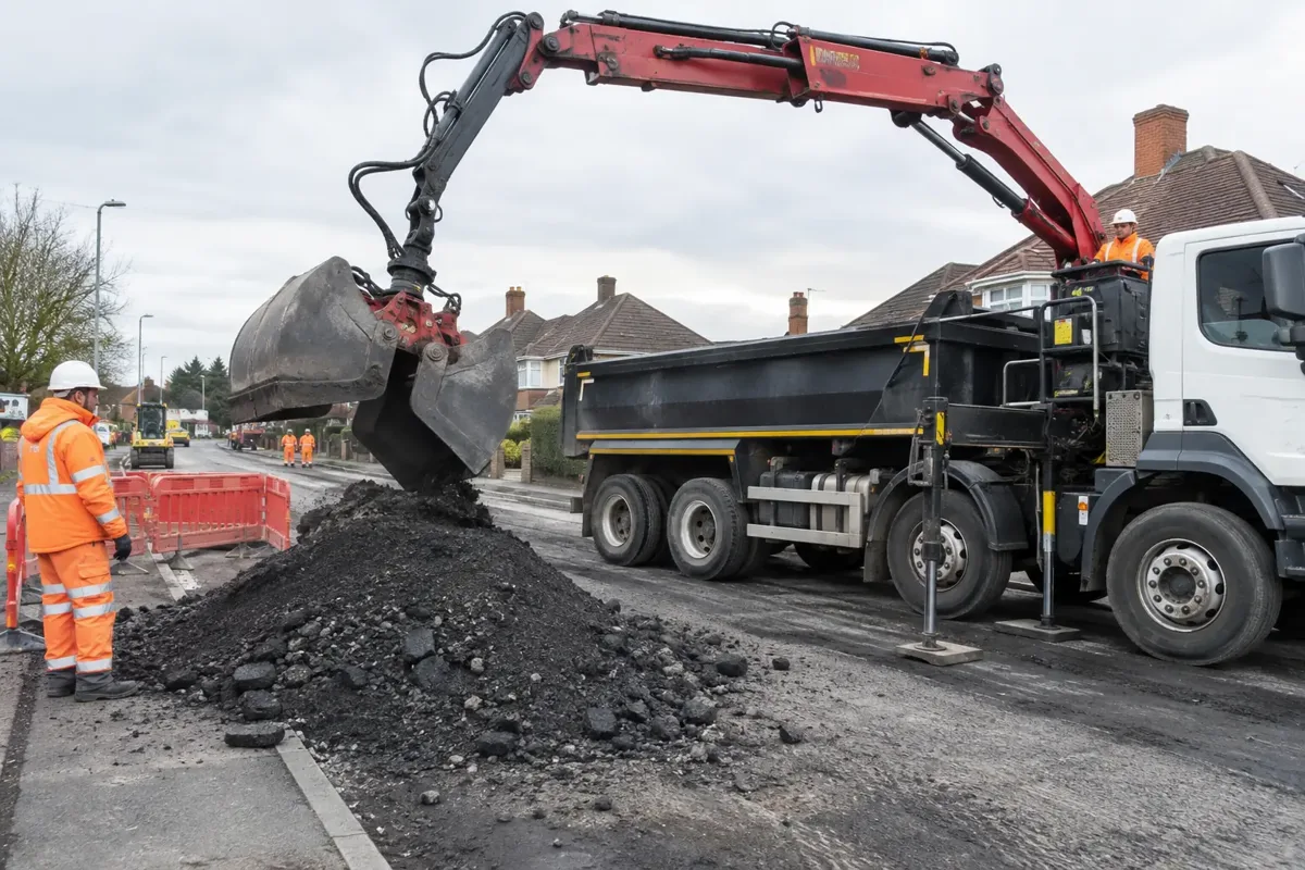 Grab lorry collecting a pile of dark granular milled asphalt road planings with a few small asphalt fragments at a road resurfacing site, tarmac material clearly visible, hydraulic grab and stabilisers, segregated safe work zone.