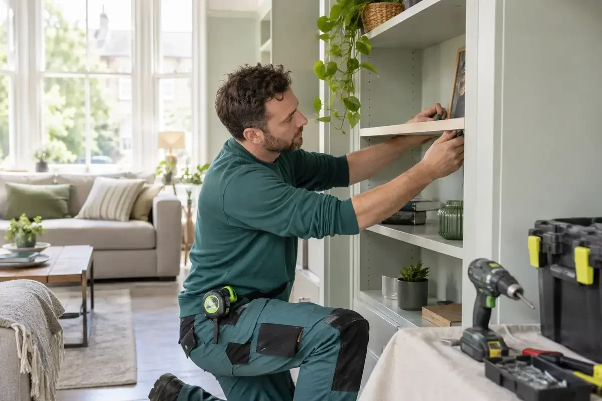 Handyman fastening shelves in an alcove