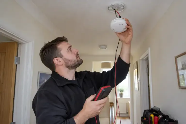 Electrician inspecting the wired connection of a ceiling alarm with a tester.