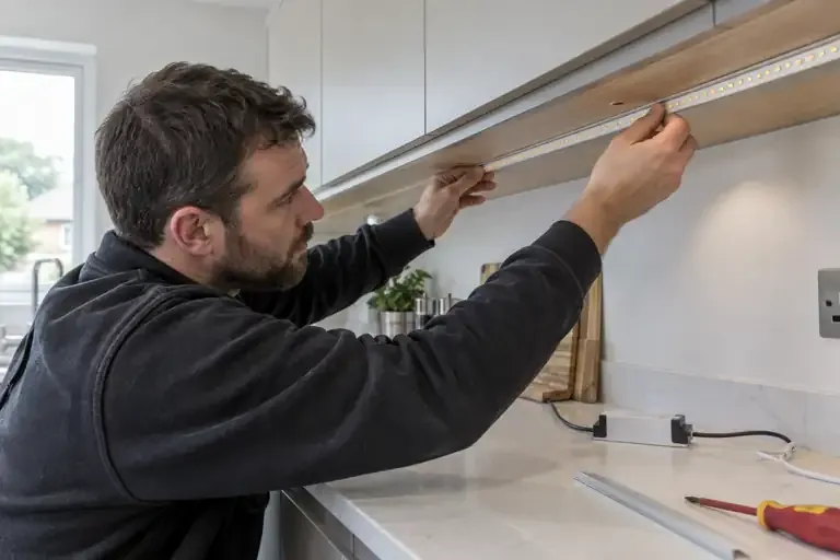 LED lighting installation: a professional electrician assessing or carrying out the electrical work.