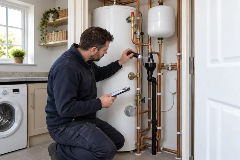 Engineer inspecting an unvented cylinder tundish with a torch.