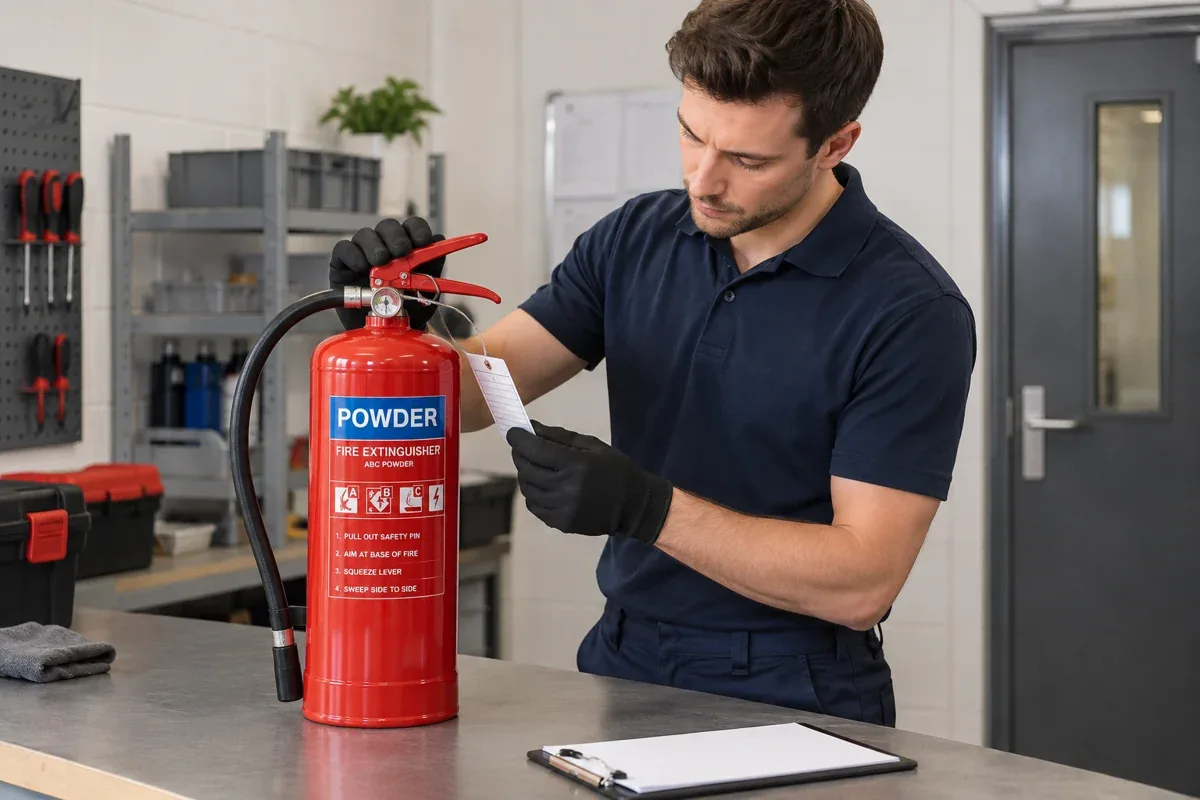 AI-generated illustration: Gloved technician inspecting a powder extinguisher and service tag on a bench.