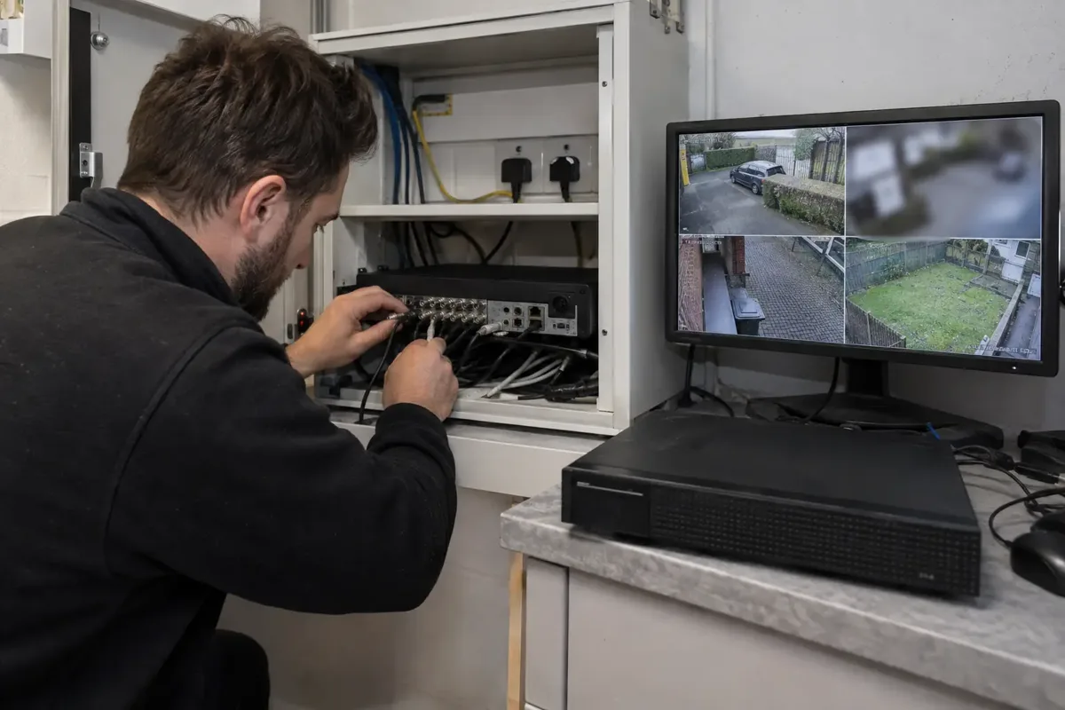 Technician replacing an unbranded CCTV recorder in a small equipment cabinet, visibly reconnecting camera cables. A second removed recorder rests beside it and a monitor shows four security-camera feeds, one visibly blurred. Clear recorder replacement and image diagnosis.