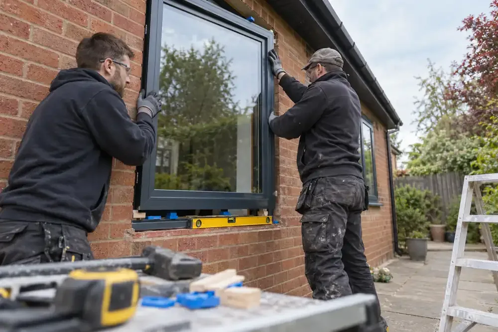 Low angle from garden patio: two fitters positioning an anthracite aluminium casement window in a red-brick house opening, spirit level and frame packers visible.