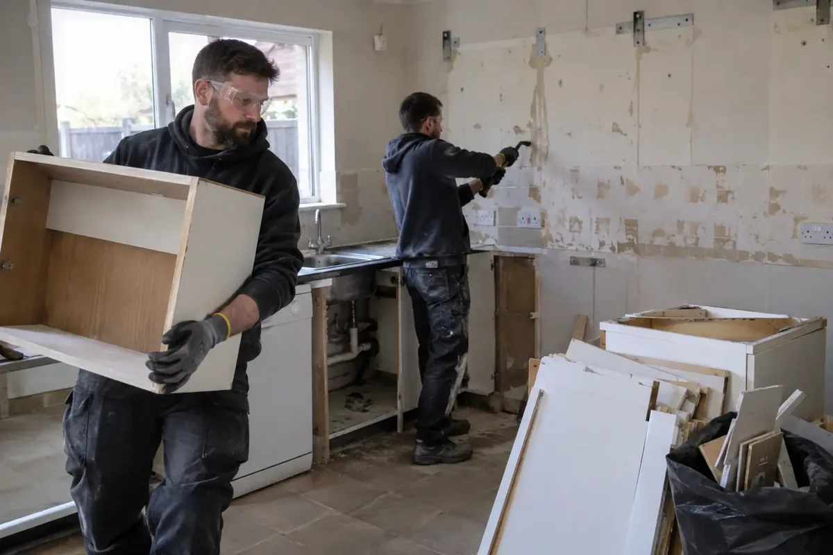 Demolition workers in gloves and eye protection remove old kitchen cabinet units and non-structural wall finishes from an empty house kitchen. One worker carries a detached cabinet, disconnected sink and exposed clean wall fixings visible, organised piles, no structural wall damage.