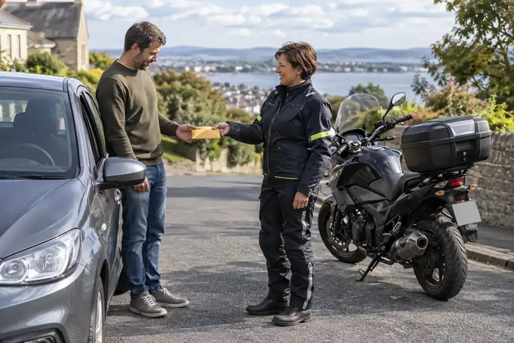 a motorcycle courier preparing or handing over a suitable consignment