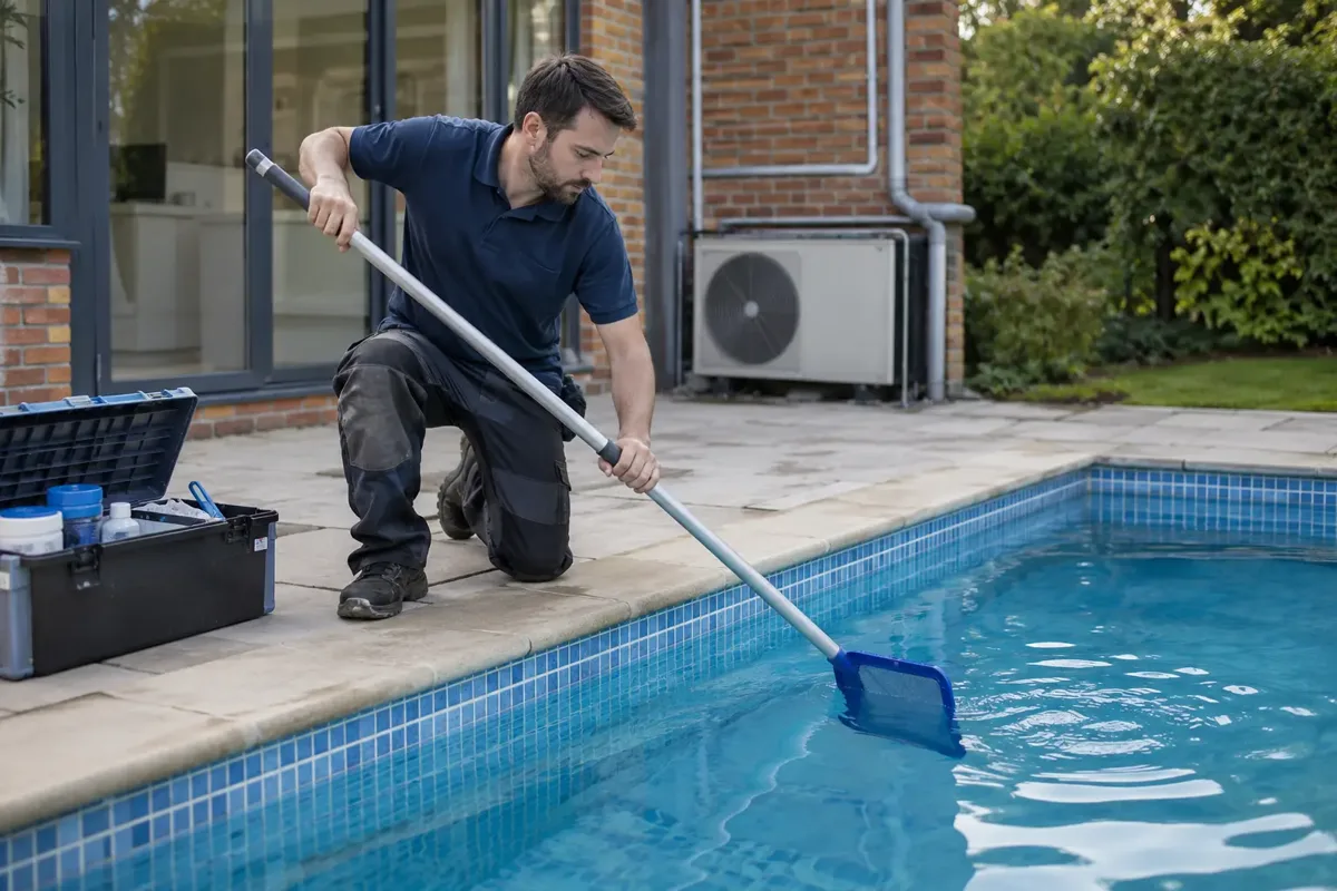 Pool technician servicing a residential pool