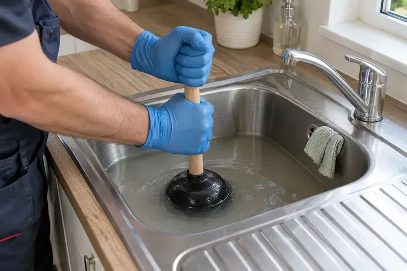 Hands plunging a blocked stainless steel kitchen sink