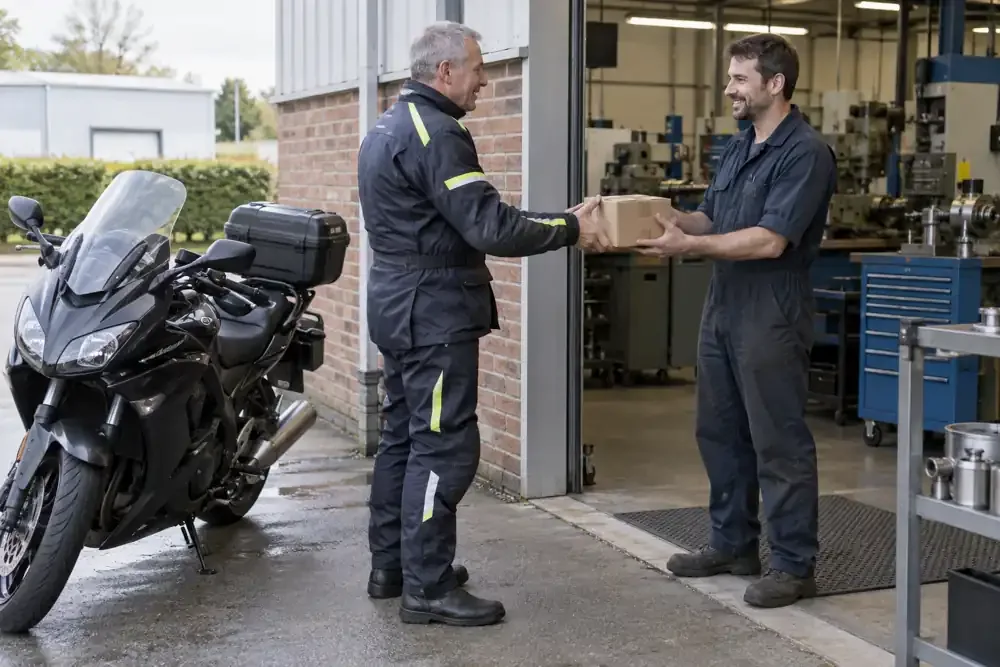 a motorcycle courier preparing or handing over a suitable consignment