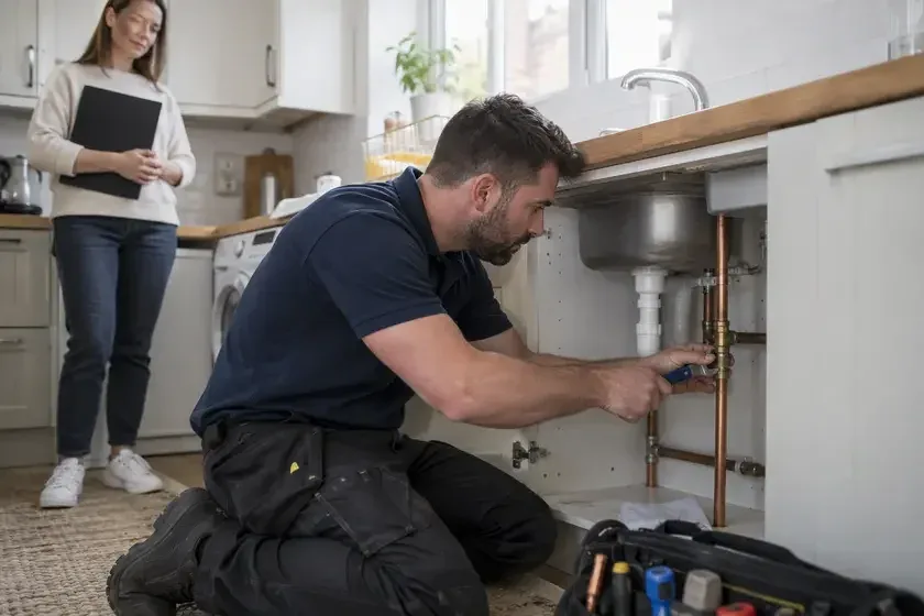 Plumber inspecting under-sink pipework while a resident holds paperwork