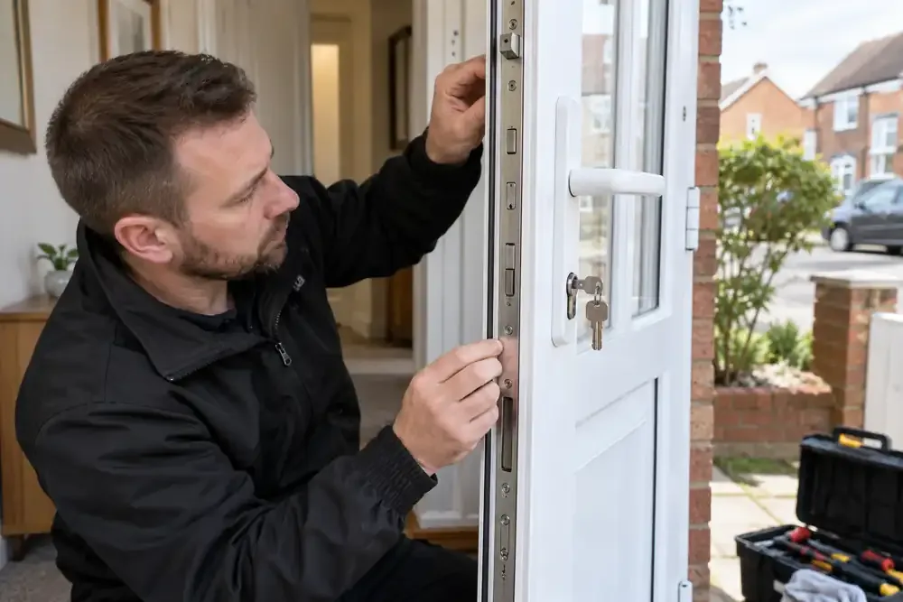Locksmith inspecting multipoint locking strip on open white uPVC door.