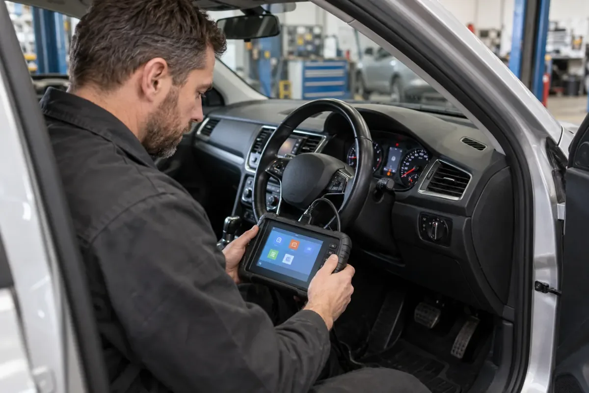 Technician using a diagnostic scanner in a right-hand-drive car.
