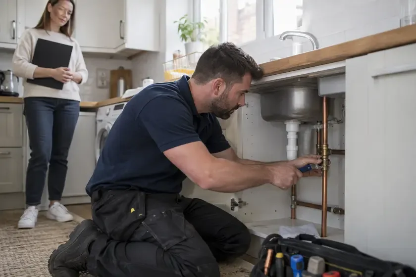 Plumber repairing kitchen water pipes in a rental home.