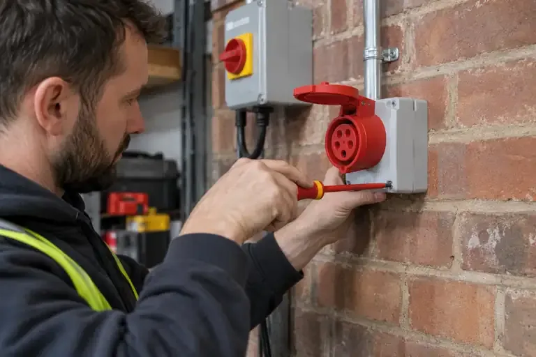 Electrician securing a red industrial three-phase socket to a brick wall.