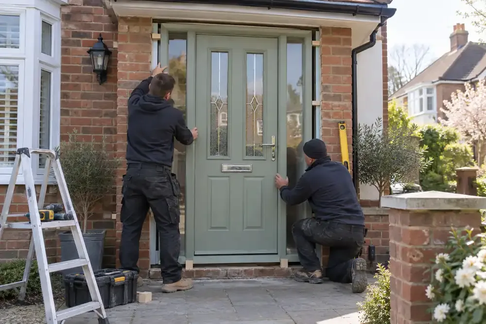 Fitters installing a new glazed front door and frame