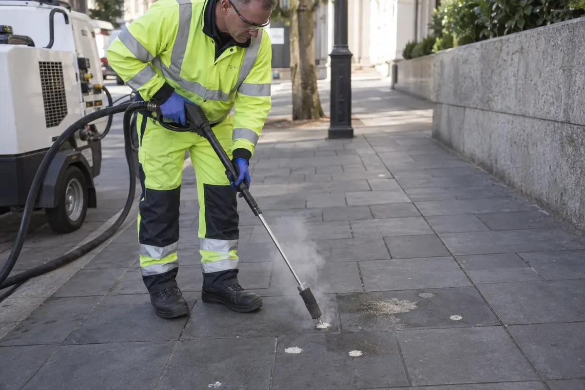 Close medium view of a street-cleaning worker using a small specialist steam lance to remove individual flattened pale chewing-gum spots from a paved walkway, one small gum deposit beneath lance and cleaned patches beside it, gloves, safety glasses, boots, no bystanders.