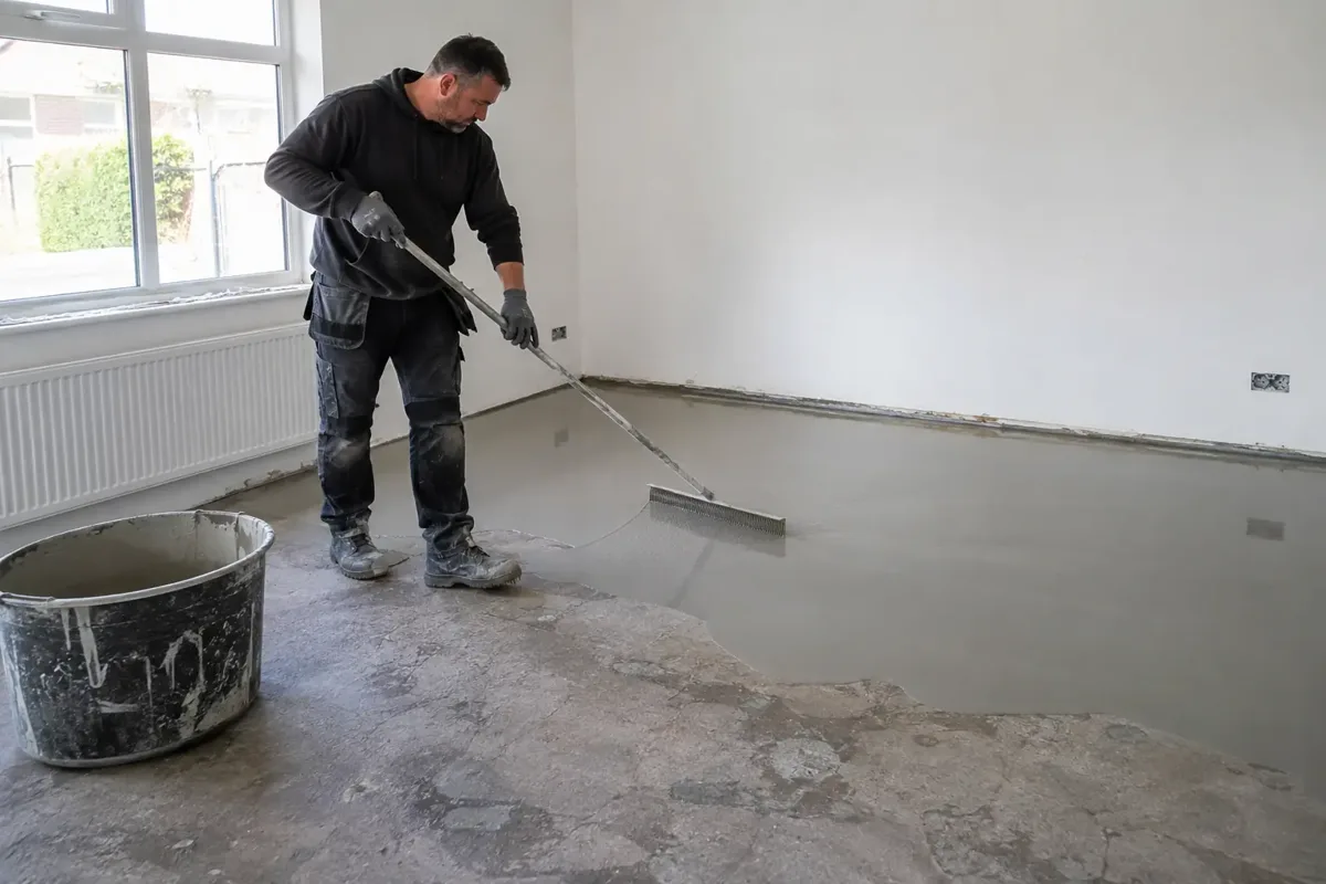 Flooring worker spreading a pale grey self-levelling compound with a long-handled gauge rake over an uneven prepared concrete subfloor in an empty room, visible wet smooth compound edge and mixing bucket, suitable workwear.