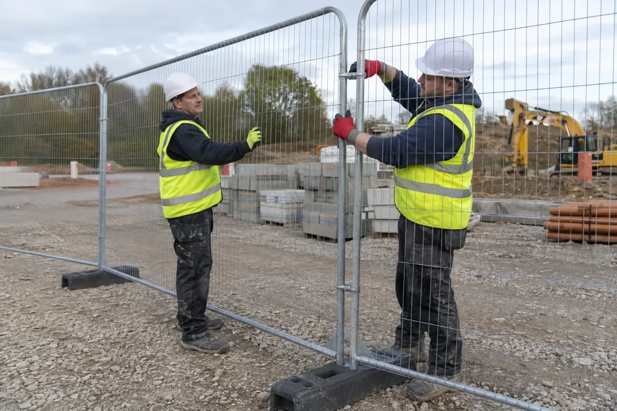 Two construction workers in hard hats and gloves erecting freestanding temporary galvanized wire-mesh barrier panels in heavy black rubber feet around a tidy construction area; connecting clamps clearly visible.