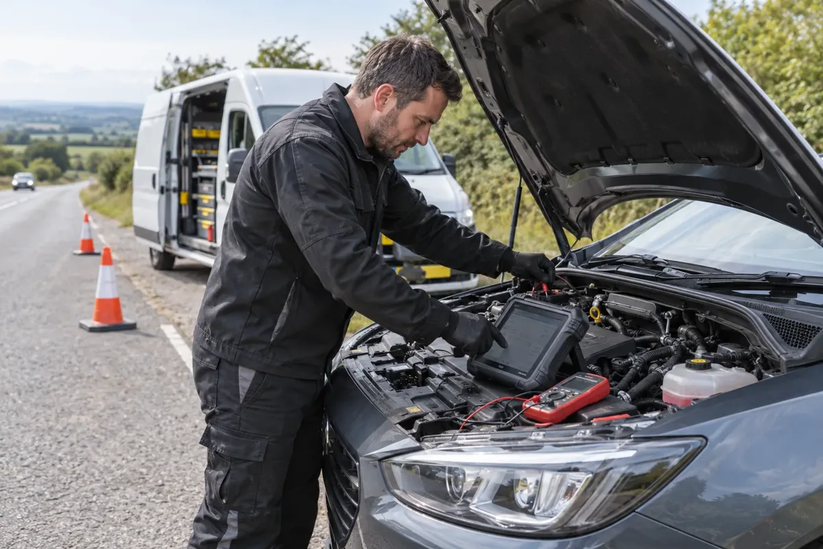 Mechanic testing a broken-down car with a multimeter and diagnostic tablet