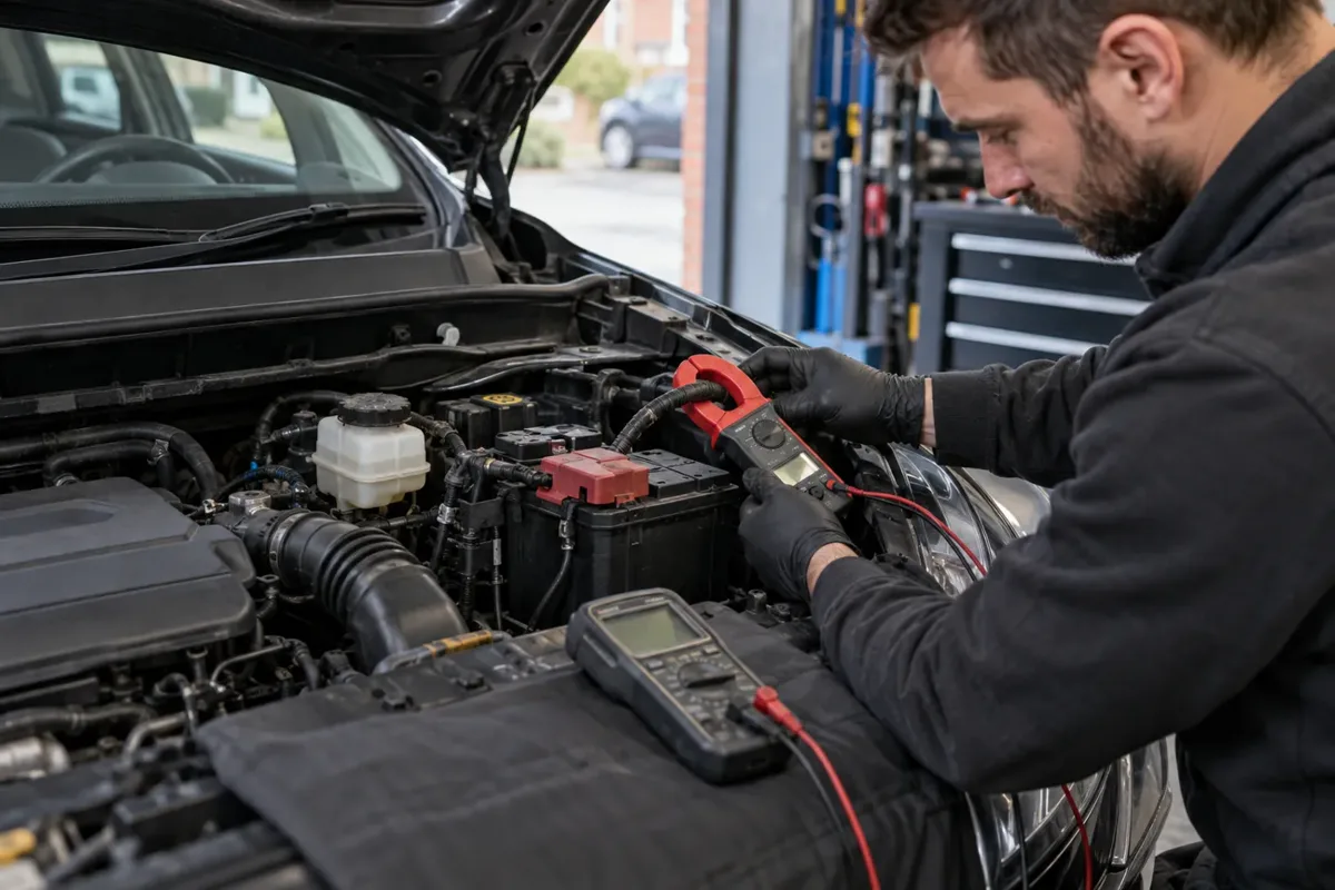 Clamp meter checking current draw on a car battery cable.