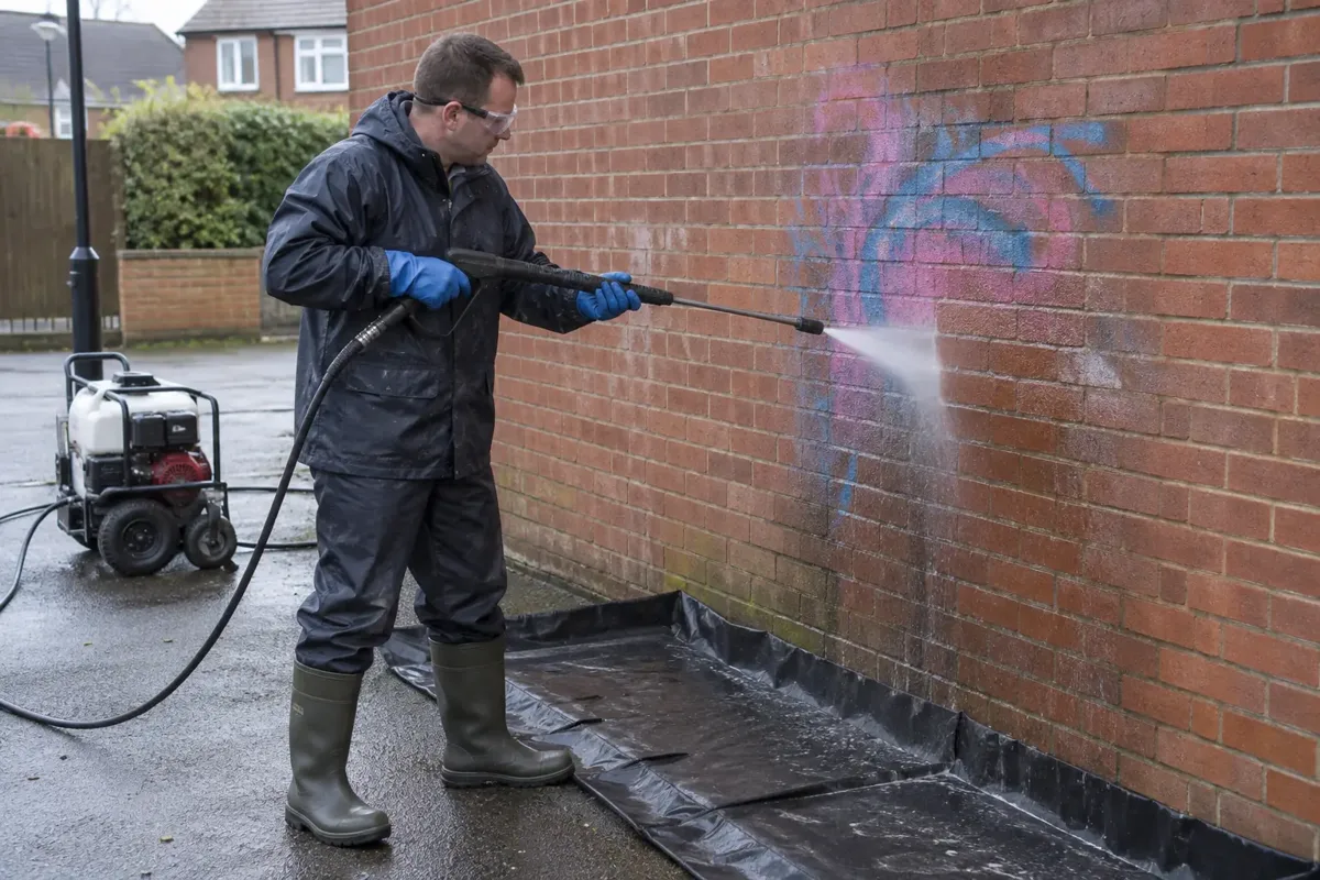 A cleaner removing a small abstract non-letter graffiti paint mark from a red-brick wall with a controlled washing lance; partly removed coloured spray-paint swirl and clean brick visible, no words or symbols, gloves, splash goggles and waterproof boots, collected runoff mat.
