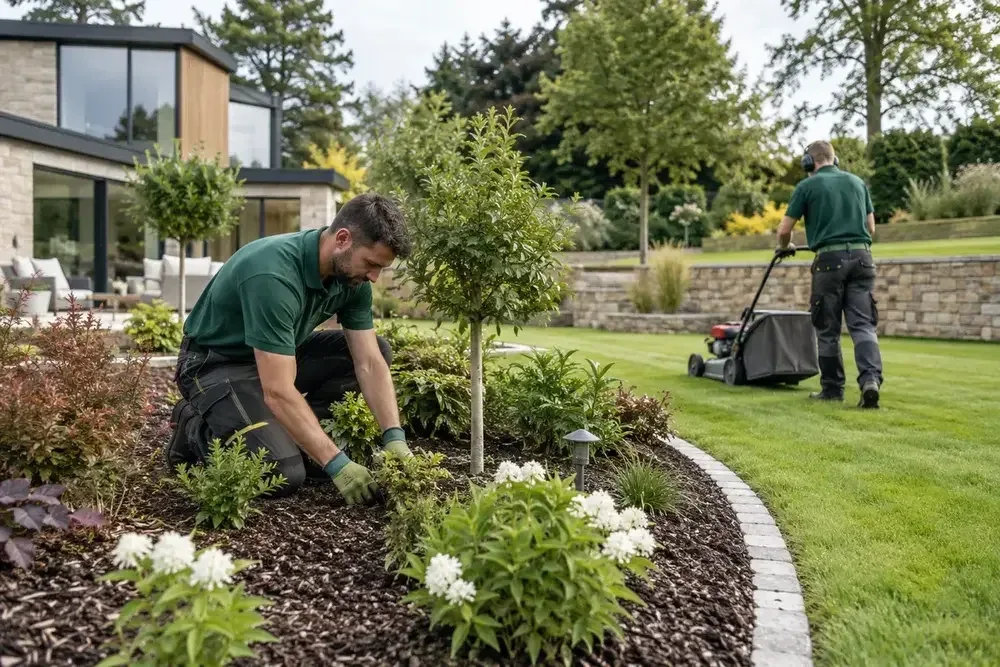 Gardeners planting a curved border and maintaining lawn