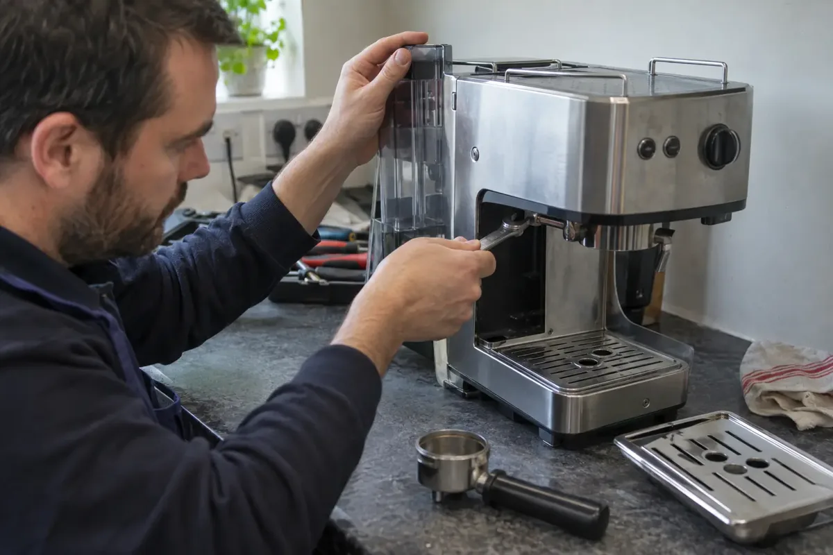 Technician working on a countertop espresso coffee machine on a repair bench, checking its water reservoir and group-head connection with a small spanner. Portafilter and drip tray recognizable, appliance isolated, detailed hands.