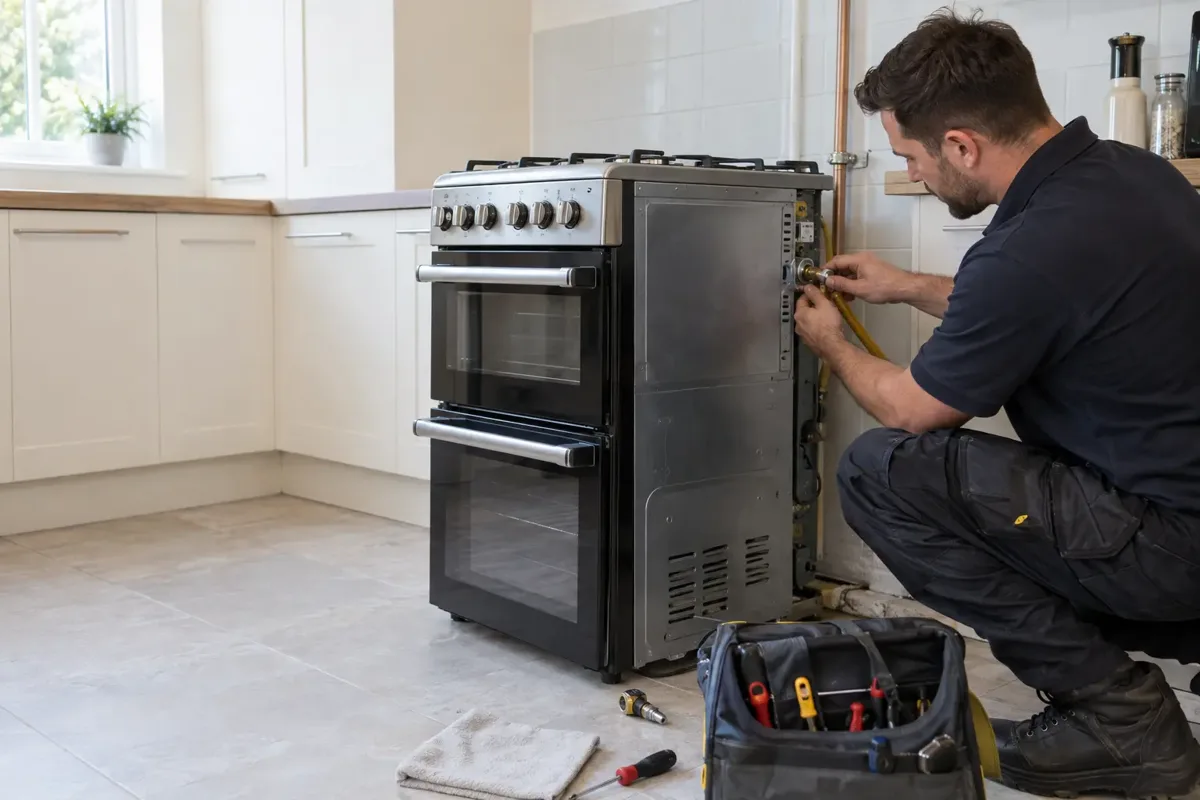 Gas Safe engineer carrying out gas cooker installation