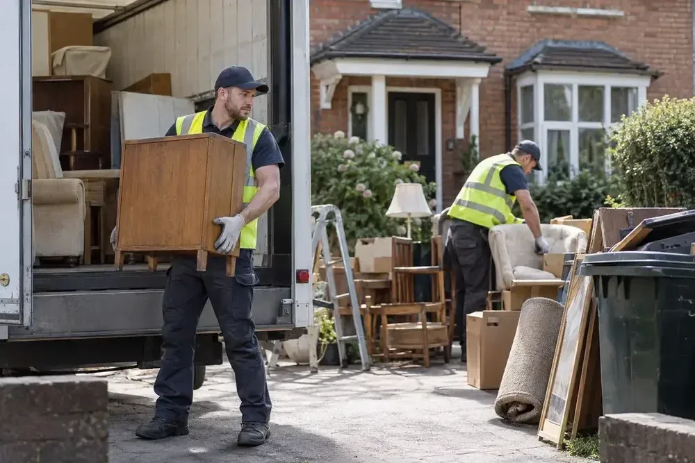Clearance workers carrying furniture and sorting household contents