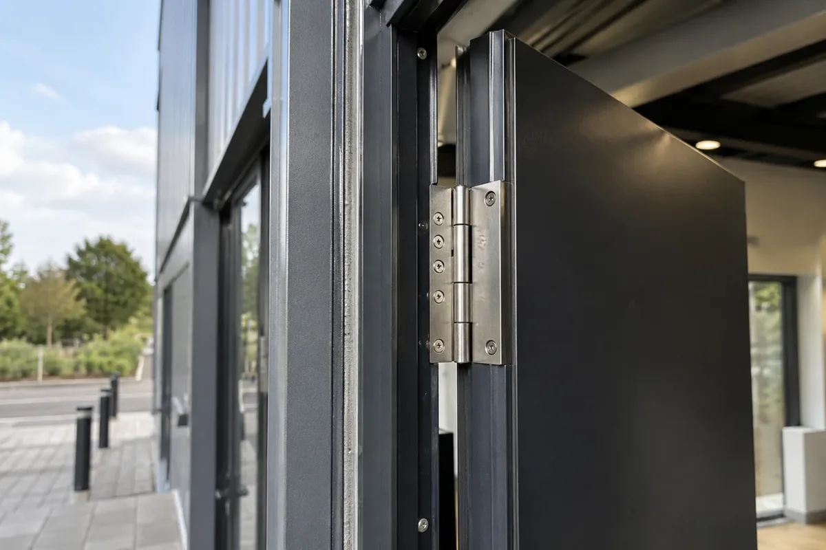Steel security-door frame and hinge detail