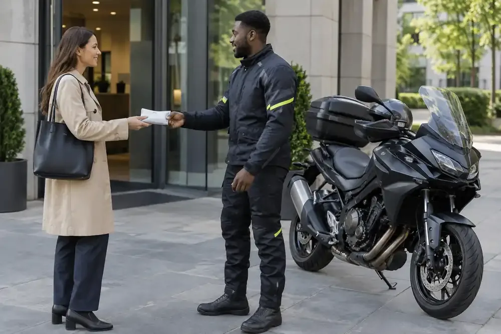 a motorcycle courier preparing or handing over a suitable consignment