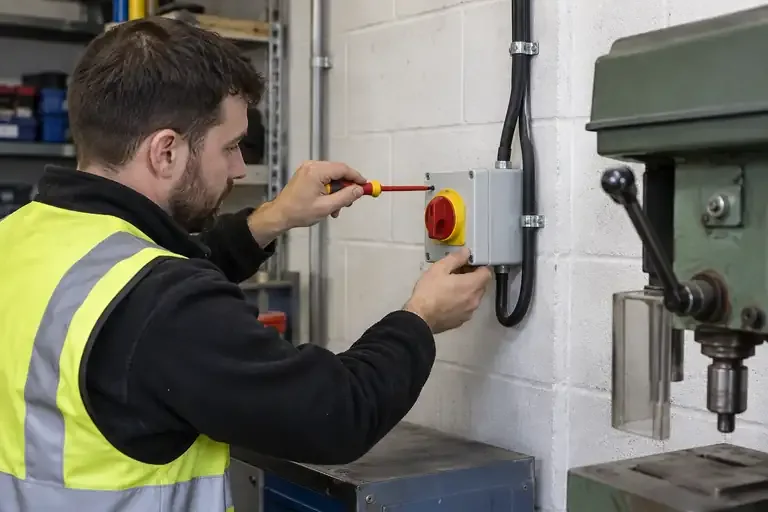 Electrician securing an enclosed red and yellow isolator beside workshop machinery.