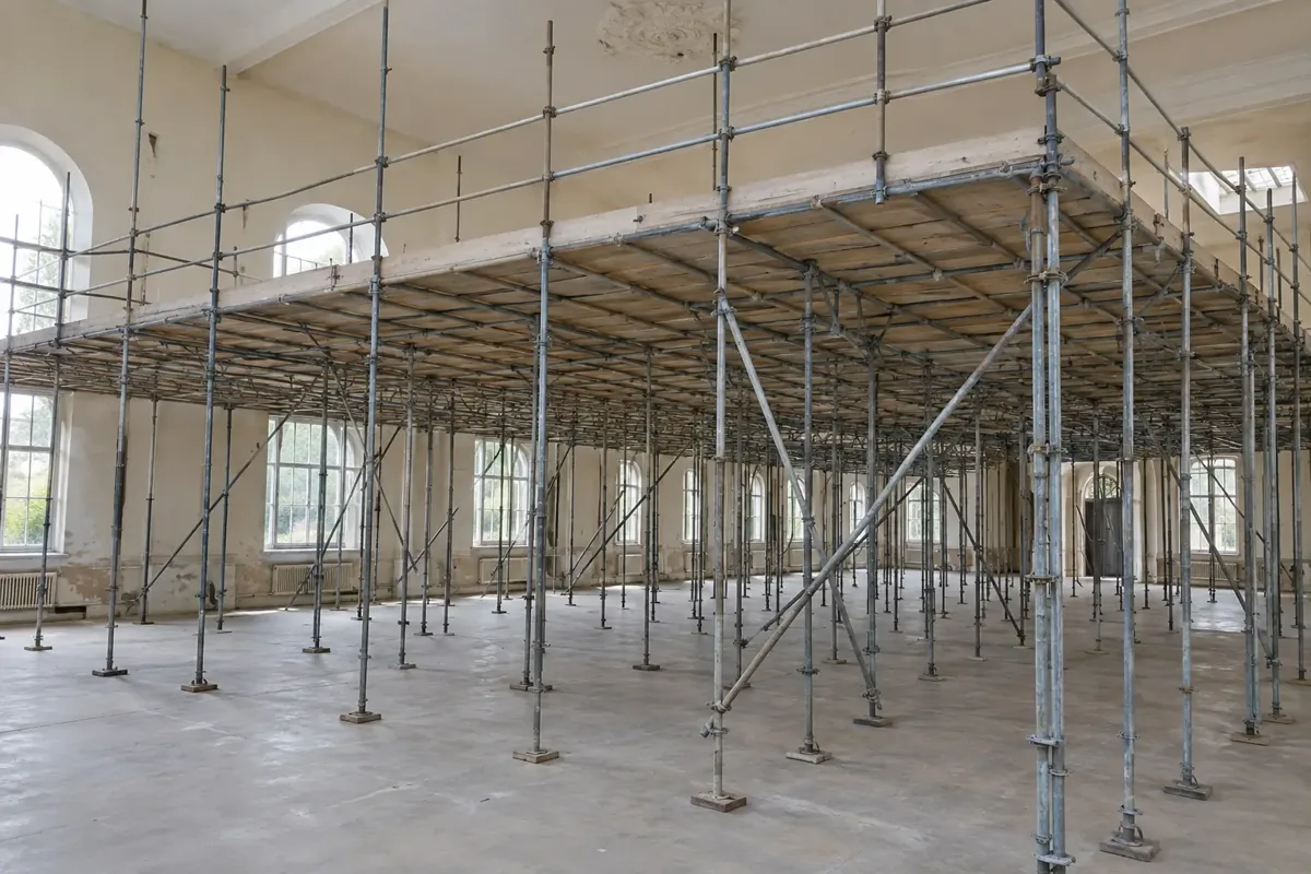 Wide view of birdcage scaffolding filling a large empty interior hall: regular grid of closely spaced vertical scaffold standards with diagonal braces supporting one broad continuous boarded platform near the ceiling, perimeter guardrails, clear grid below, no workers.