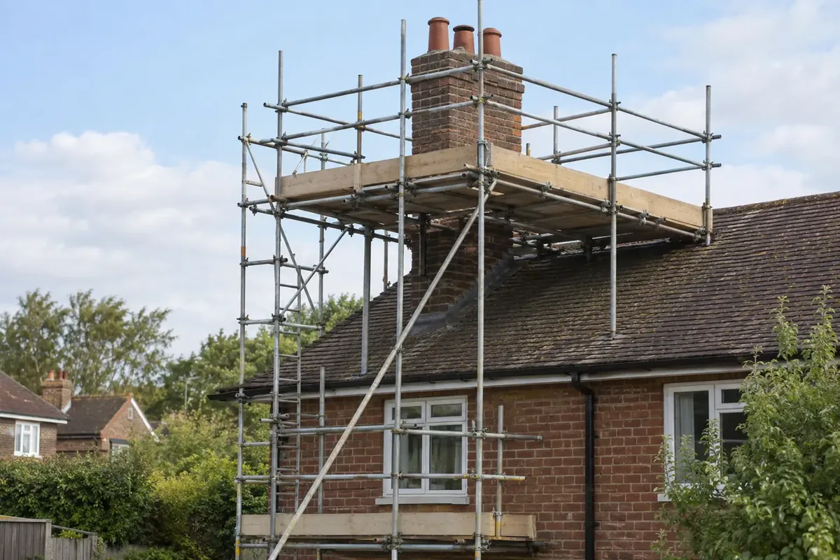Dedicated scaffold working platform surrounding a brick chimney above a British tiled roof, properly supported tower rising from ground scaffold, full guardrails and toe boards around chimney on all exposed sides, no worker required, clear structural wide view.