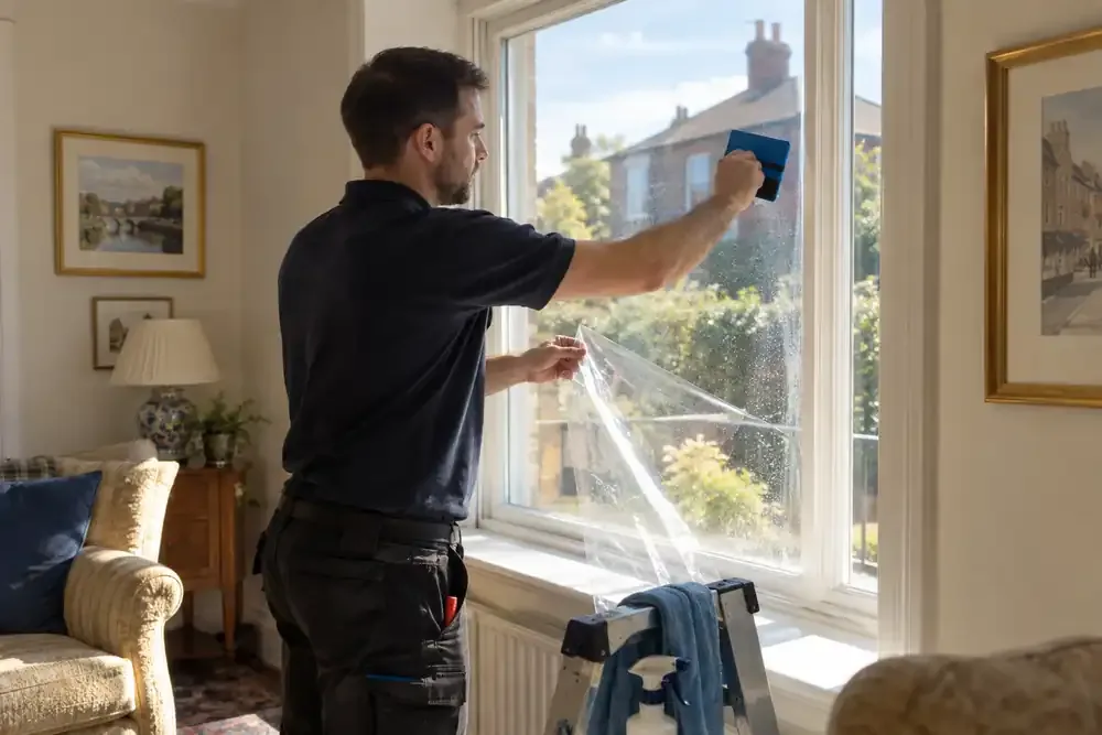 Technician applying clear UV protection film to a home window
