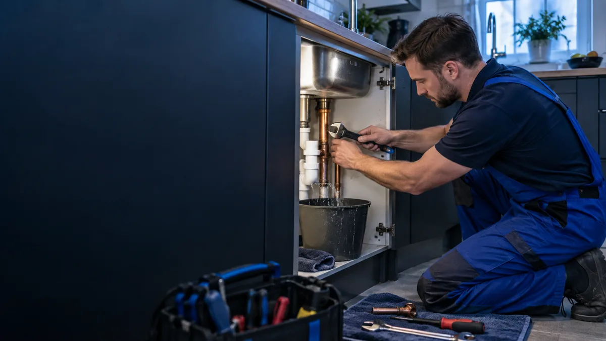 Emergency plumber repairing a kitchen leak during a UK call-out