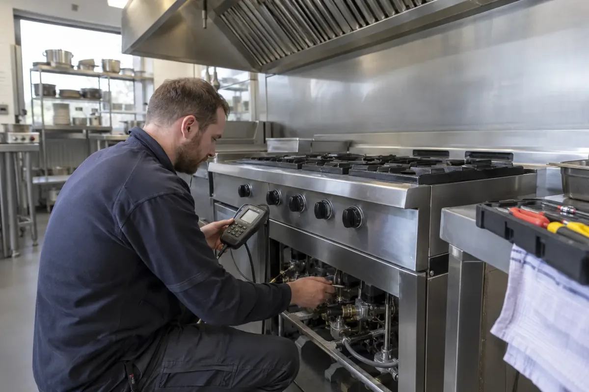 Commercial gas engineer inspecting the burner assembly of an isolated stainless steel gas range in a professional restaurant kitchen, appropriate handheld analyser and hand tools, no flame, tidy extraction hood visible.