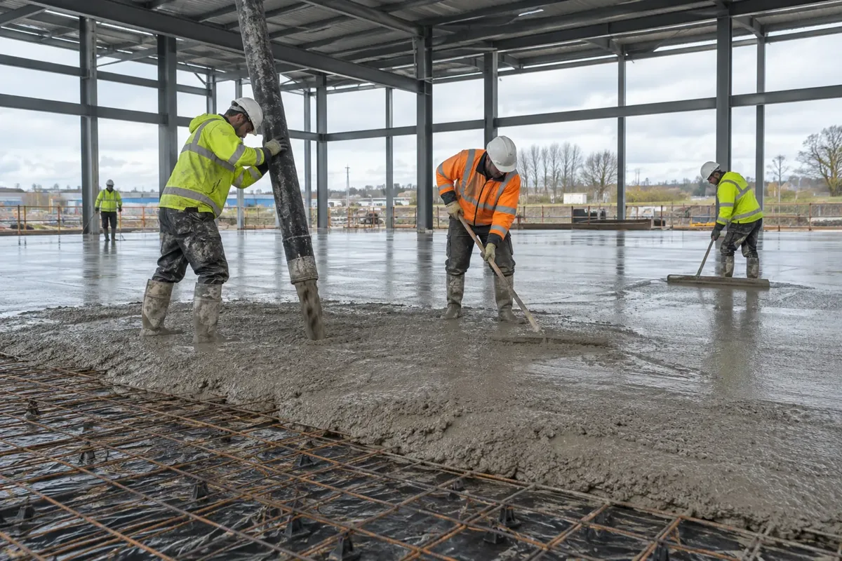 PPE-clad concrete crew guiding a pumping hose and levelling freshly poured concrete over a large prepared ground-floor slab inside the steel frame of a commercial building. Visible reinforcement at the unpoured edge and broad slab scale, no text or logos.