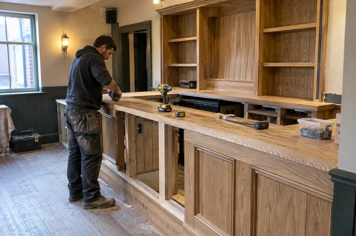 Joiner fitting a timber pub bar counter and back-bar shelving.