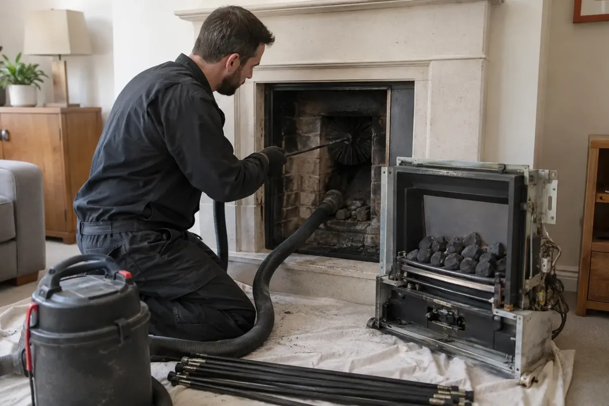 Qualified-looking chimney technician sweeps a cold gas-fire flue through an accessible opening behind a carefully isolated, pulled-forward gas fireplace insert. The artificial coal bed and isolated gas-fire assembly remain recognisable beside the hearth, sweeping rods and soot vacuum visible, no flame.