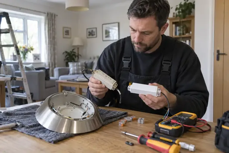 Flickering light repairs: a professional electrician assessing or carrying out the electrical work.