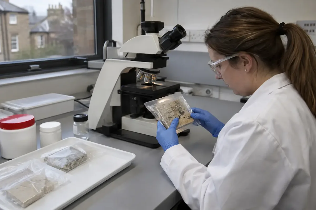 Laboratory analyst in white coat, protective eyewear and gloves examining a sealed suspect building-material sample beside a polarised-light microscope inside a specialist laboratory. Closed sample containers and controlled clean bench, no loose fibres or dust.