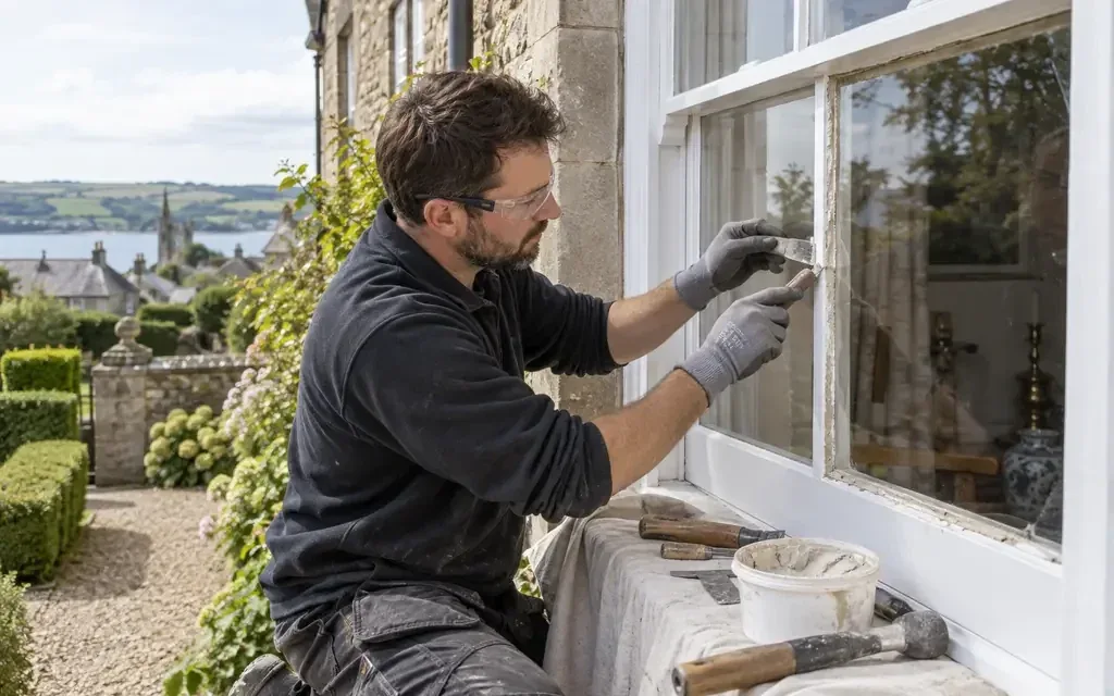 Worker repairing putty or glazing around a timber sash window