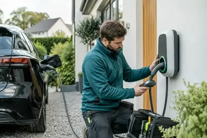 Electrical installer works on an EV charger beside a home.