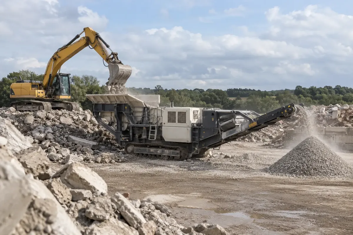 Mobile tracked concrete crusher and screening conveyor operating on an organised demolition recycling site. Excavator feeds broken clean concrete into hopper and conveyor deposits graded aggregate into a neat pile, distant safe viewpoint, realistic machinery, light dust suppression.
