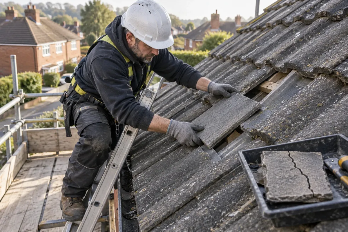 Roofer replacing a damaged concrete tile on a pitched roof