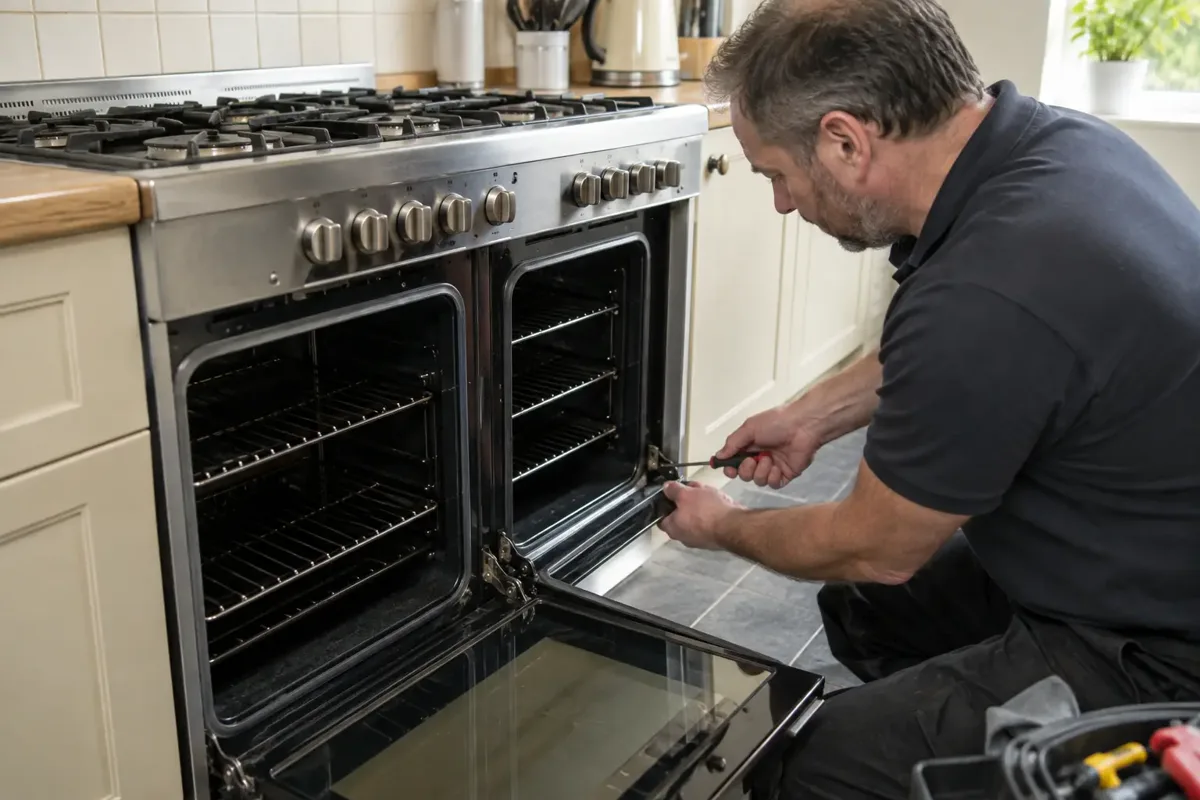 Appliance technician repairing the door hinge of a wide freestanding range cooker with two distinct side-by-side oven cavities and multiple unlit hob burners. Open oven door, small manual screwdriver, cooker isolated, British kitchen.