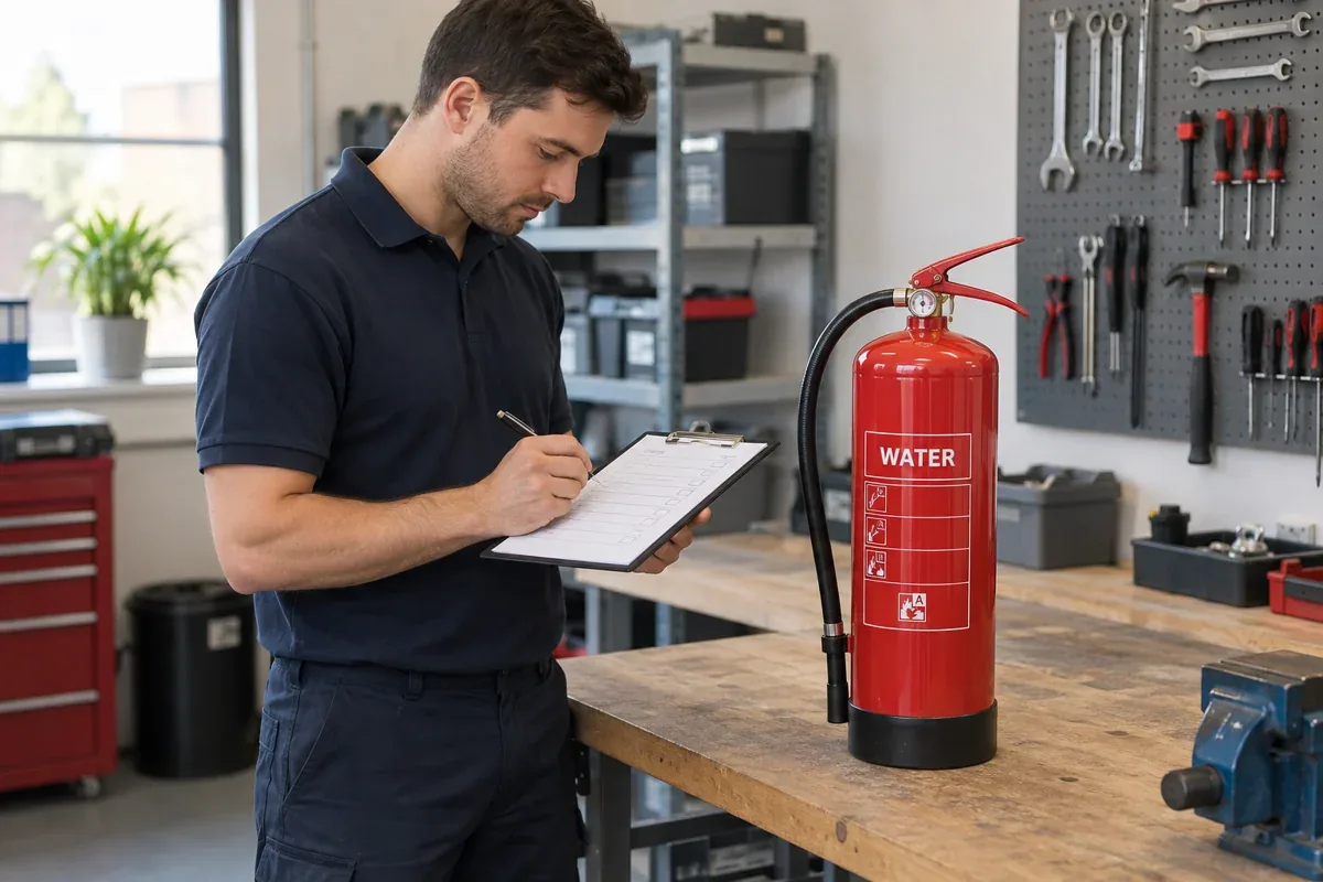 AI-generated illustration: Technician recording an extinguisher inspection on a clipboard beside a water extinguisher.